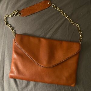 J-crew Chic Brown Leather Clutch with Gold Chain